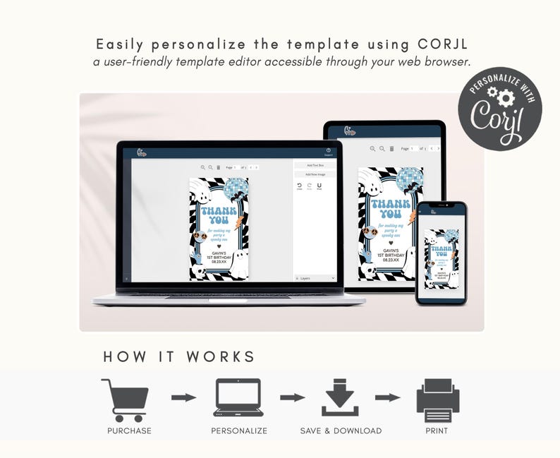 a laptop, phone, and tablet are shown with the text, easily personalize