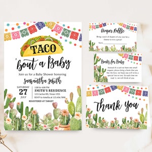 Bearbeitbares Fiesta Babypartyeinladungspaket, Taco Bout A Baby Gender Neutral Babypartyeinladungsset, mexikanische Kaktus-Babyparty, 0739