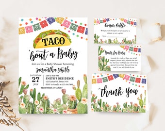 Può includere: Un invito a una festa di benvenuto per il bambino con una grafica di taco colorata e il testo "Taco 'bout a Baby". L'invito è decorato con cactus e fiori. Il testo include anche la data, l'ora e il luogo della festa.