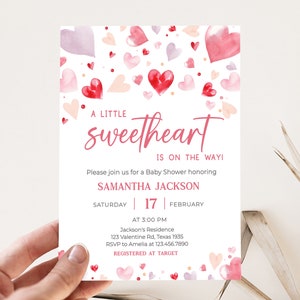 Editable A Little Sweetheart Baby Shower Invitation Bundle, Pink Red Heart Valentine's Baby Shower Invite, Girl Baby Shower Invite, 0587 image 3