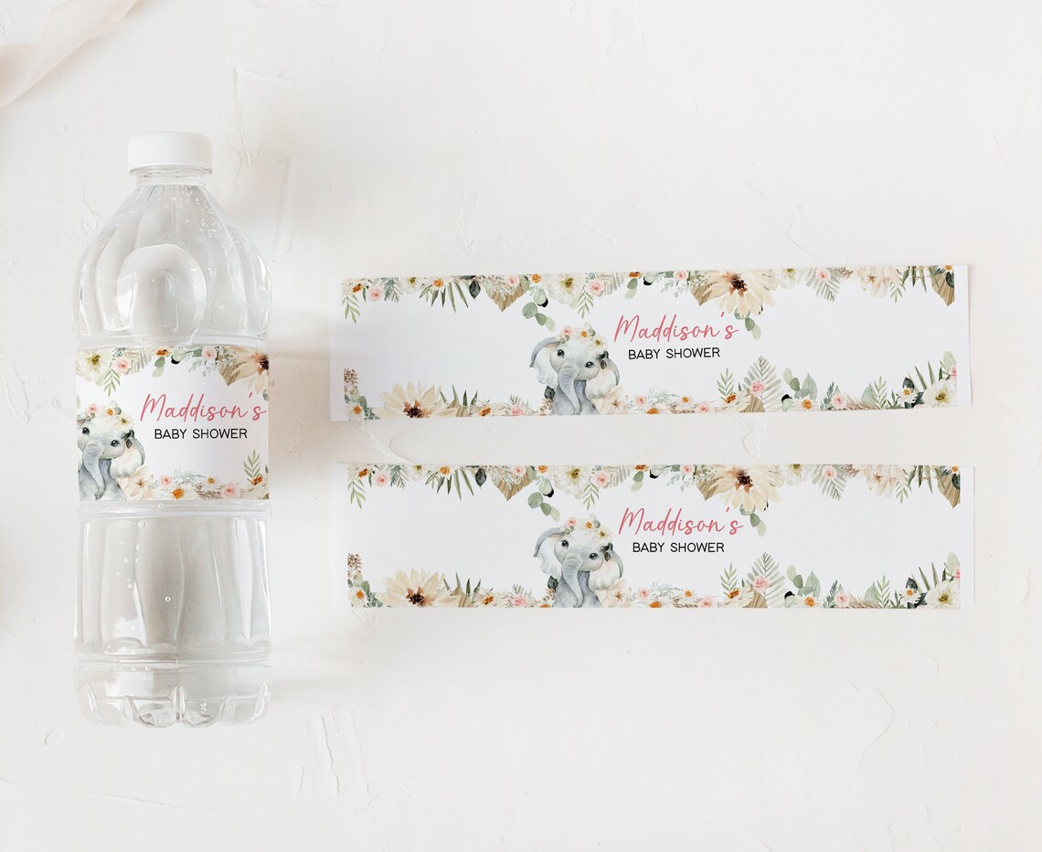 Editable Elephant Baby Shower Bottle Label, Boho Floral Baby Shower ...