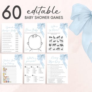 Editable Blue Bow Baby Shower Games Bundle, It&#39;s A Boy Coquette Baby Shower Game Pack, Blue Ribbon Baby Shower, Boy Baby Sprinkle Game, 0995
