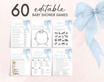 May include: A set of printable baby shower games featuring blue and white bows. The games include "Guess Who Mommy or Daddy", "Draw Baby", "Who is My Mama", "Children's Book Emoji Preference", "What's in Your Purse", and "Nursing Rhyme Quiz".