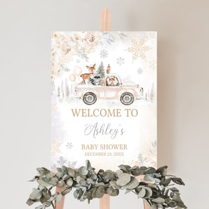 Editable Winter Woodland Baby Shower Welcome Sign, Woodland Winter Baby Shower Welcome Poster, Gender Neutral Baby it's Cold Outside, 0533 image 1