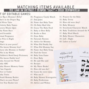 K&ouml;nnte beinhalten: Ein druckbarer Satz von Babyparty-Spielen mit einer Liste von 60 Spielideen. Die Spiele beinhalten "How Big is Mommy's Belly?", "What's in the Diaper Bag", "Old Wives Tales", "Celebrity Baby Names", "Nursery Rhyme Quiz", "Baby Name Race", "Word Scramble", "Animal Pregnancy", "The Price is Right", "Bingo", "What's in your purse?", "Who knows Mommy best?", "Guess who Mommy or Daddy?", "Who is my Mama", "Children's Book Emoji Pictionary", "Who knows Daddy best?", "Baby Around the World", "Baby ABC", "Baby Shower Memory Game", "Time Capsule", "Over or Under", "Baby Traits", "Would Mommy Rather", "What's on your Phone?", "First Year Bucket List", "Pregnancy Candy Match", "Dad Jokes", "Name that Baby Tune", "Oh Baby Mad Libs", "Guess The Baby Food", "Baby or Beer Belly", "Boobs or Butt", "Draw Baby", "Fairytale Parents", "Advice for Mommy", "What Did Daddy Say", "What Did Mommy Say", "Name that Baby Song", "Find the Guest", "Baby Item Game", "Dear Baby", "He said She said", "Recipes", "My Water Broke!", "How old was she?", "Guess the sweet mess", "Who am I?", "Baby Shower Scattegories", "Baby Predictions", "Advice and Wishes", "Prayers for the Baby", "Baby Trivia", "How old were they?", "Baby Memory", "Storybook Character Match", "Baby Traditions Around the World", "Baby Word Match", "Baby Shower Characters", "Left - Right", and "Labor or Lovin'".
