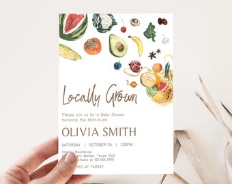 Editable Locally Grown Baby Shower Invitation, Farmers Market Baby Shower Invite, Vegetables Gender Neutral Baby Shower Invitation, 0958
