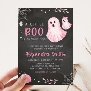 Editable Little Boo Baby Shower Invitation Bundle, Pink Halloween Baby Shower Invite Pack, Pink Girl Ghost Baby Shower Invite Template 0361 image 3