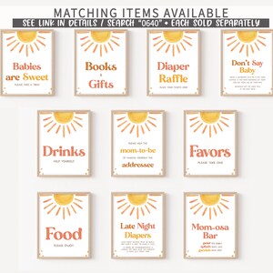 May include: Ten printable signs with a sunburst design and text in a retro font. The signs include: "Babies are Sweet", "Books & Gifts", "Diaper Raffle", "Don't Say Baby", "Drinks", "Mom-to-be", "Favors", "Food", "Late Night Diapers", and "Mom-osa Bar".