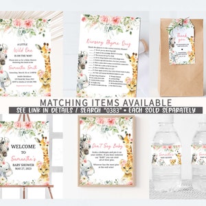 May include: A set of printable baby shower decorations with a jungle animal theme. The set includes a welcome sign, a nursery rhyme quiz, a thank you tag, and water bottle labels. The decorations feature pink, green, and brown colors with illustrations of giraffes, zebras, elephants, and lions.