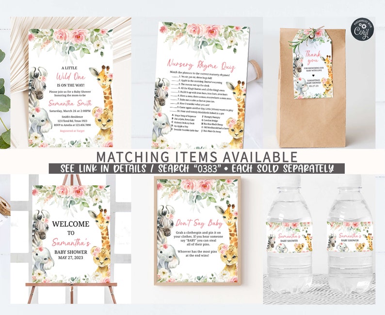 May include: A set of printable baby shower decorations with a jungle animal theme. The set includes a welcome sign, a nursery rhyme quiz, a thank you tag, and water bottle labels. The decorations feature pink, green, and brown colors with illustrations of giraffes, zebras, elephants, and lions.