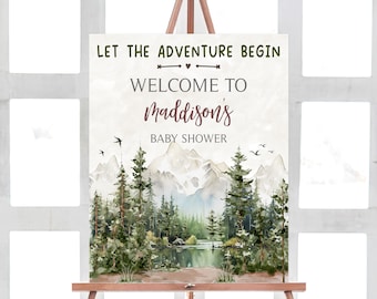 Editable Let the Adventure Begin Baby Shower Welcome Sign, Adventure Awaits Baby Shower Welcome Poster, Woodland Mountain Baby Shower, 0737