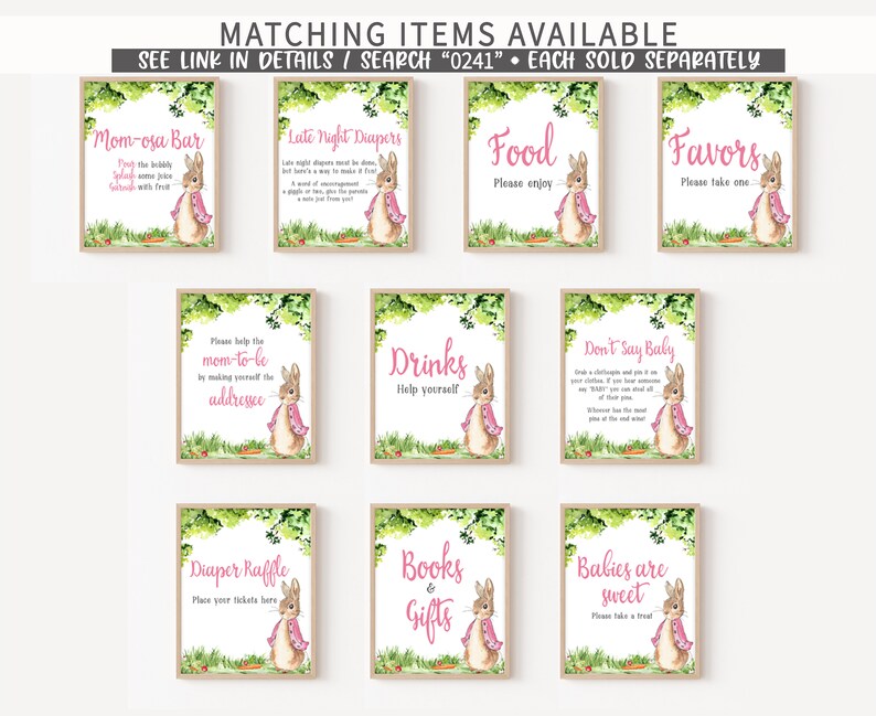 May include: Nine printable signs featuring a watercolor illustration of a rabbit wearing a pink cape. The signs are for a baby shower and include titles like "Mom-osa Bar", "Late Night Diapers", "Food", "Favors", "Drinks", "Don't Say Baby", "Diaper Raffle", "Books & Gifts", and "Babies are Sweet".