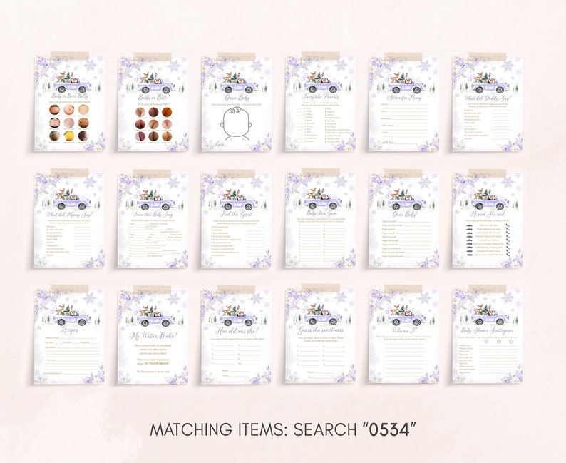Editable Purple Winter Woodland Baby Shower Games Bundle, Girl Woodland Winter Baby Shower Game Pack, Girl Baby It's Cold Outside Game, 0534 image 3