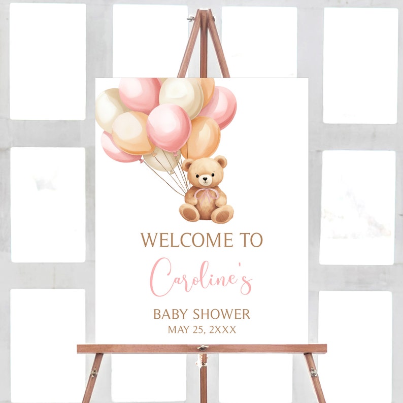 Editable Brown Bear Baby Shower Welcome Sign, Pink Balloon Boho Baby Shower Welcome Poster, We Can Bearly Wait Girl Baby Shower Sign, 0673 image 1