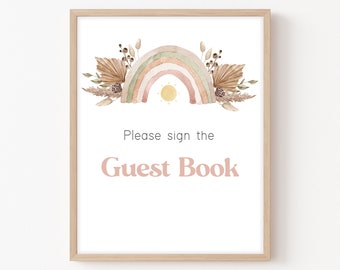 Rainbow Baby Shower Guest Book Sign Boho Baby Shower Guestbook Sign A Little Ray of Sunshine Decor Boho Rainbow Girl Printable Template 0196