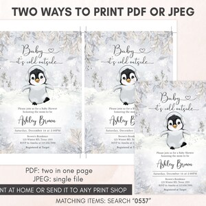 May include: Baby shower invitations with a winter theme. The design features a watercolor illustration of a penguin wearing a winter hat. The text reads "Baby it's cold outside" and includes event details. The invitations are available in PDF and JPEG formats.