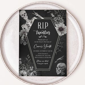 May include: A monochrome invitation card featuring a coffin-shaped frame, floral decorations, and a skeleton. The text reads "R.I.P. twenties" and invites guests to mourn the loss of Cara's Youth. Includes event details and a request to wear black.