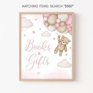 Pink Girl Bear Baby Shower Books and Gifts Sign, We Can Bearly Wait Baby Shower Gifts Sign, Pink Balloon Bear Girl Baby Shower Sign, 0507