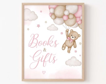 May include: A pink and brown sign with the text "Books & Gifts" in pink script. A teddy bear holding balloons is flying in the sky with clouds and stars.