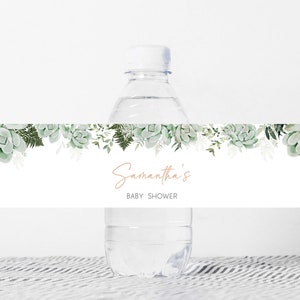 Editable Baby in Bloom Baby Shower Bottle Label, Greenery Succulent Baby Shower Water Labels, Succulents Gender Neutral Bottle Sticker, 0679 image 1
