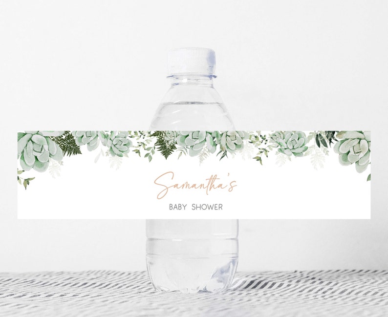Editable Baby in Bloom Baby Shower Bottle Label, Greenery Succulent Baby Shower Water Labels, Succulents Gender Neutral Bottle Sticker, 0679 image 1