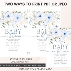 two baby shower cards with blue flowers on them