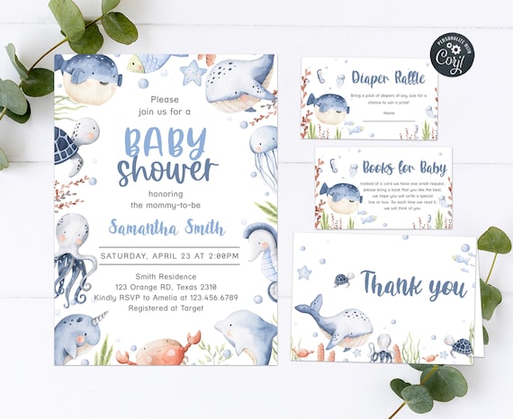 Editable Under the Sea Baby Shower Invitation Set, Ocean Baby