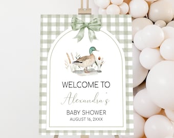 Editable Duck Baby Shower Welcome Sign, Mallard Baby Shower Poster, Green Gingham Mallard Duck Baby Shower Sign, Duck Hunting Sign, 01113