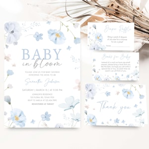 Editable Blue Baby in Bloom Baby Shower Invitation Bundle, Boy Floral Baby Shower Invite Set, Dusty Blue Wildflower Baby Shower Invite 01031