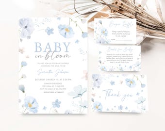Editable Blue Baby in Bloom Baby Shower Invitation Bundle, Boy Floral Baby Shower Invite Set, Dusty Blue Wildflower Baby Shower Invite 01031