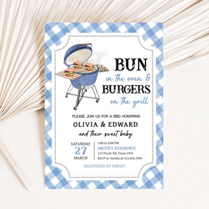 Editable Boy Baby-Q Baby Shower Invitation, Blue BBQ Baby Shower Invite, Bun In The Oven, Burgers On The Grill Baby Shower Invitation, 0742
