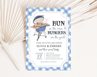 Editable Boy Baby-Q Baby Shower Invitation, Blue BBQ Baby Shower Invite, Bun In The Oven, Burgers On The Grill Baby Shower Invitation, 0742