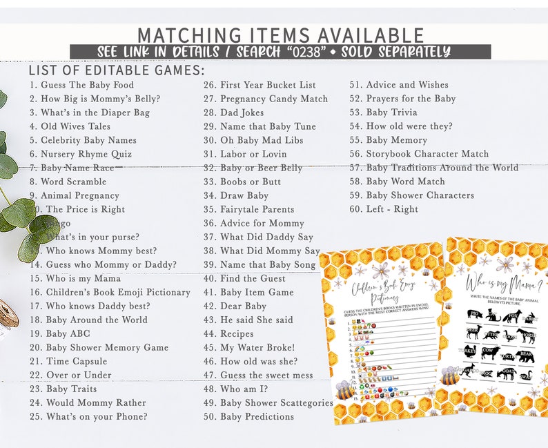 May include: A printable list of editable baby shower games with a yellow and white honeycomb pattern. The list includes games such as "Guess the Baby Food", "How Big is Mommy's Belly?" and "What's in the Diaper Bag".