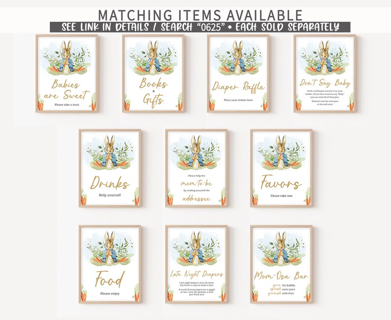 Puede incluir: Nueve carteles imprimibles con ilustraciones de Peter Rabbit. Los carteles son para un baby shower e incluyen t&iacute;tulos como "Los beb&eacute;s son dulces", "Libros y regalos", "Rifa de pa&ntilde;ales", "No digas beb&eacute;", "Bebidas", "Direcci&oacute;n de la futura mam&aacute;", "Favores", "Comida", "Pa&ntilde;ales para la noche" y "Bar de mimosas".