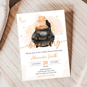 Editable A Baby is Brewing Halloween Baby Shower Invitation Bundle, Gender Neutral Halloween Baby Shower Invite Set, Witch Invitation 0469 image 3