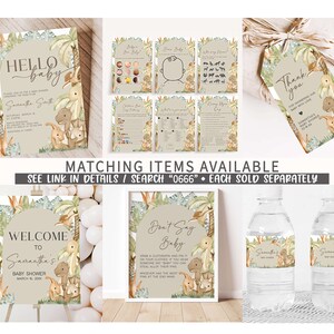 May include: A set of printable baby shower decorations featuring a jungle theme with dinosaurs and greenery. The set includes a welcome sign, a don't say baby game, a thank you tag, and water bottle labels. The colors are green, brown, and beige.