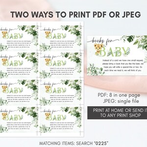 May include: Printable baby shower request cards featuring a cute lion illustration with green foliage. The cards ask guests to bring a book instead of a card, with the text "books for baby". The text "PDF: 8 in one page JPEG: single file" and "Print at home or send it to any print shop" is also included.