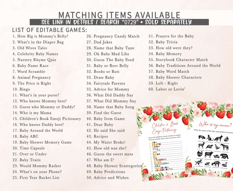 a list of matching items available for a baby shower