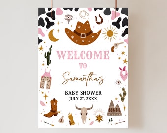 Edytowalny znak powitalny na baby shower Cowgirl, plakat powitalny na baby shower Little Cowgirl Rodeo, różowy znak na baby shower Western Wild West, 0728