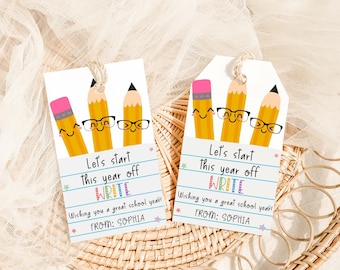Editable Let&#39;s Start This Year Off Write Tag, Pencil Back to School Tag, First Day of School Classroom Tag, Notepad Pencil Gift Tag, 103SE