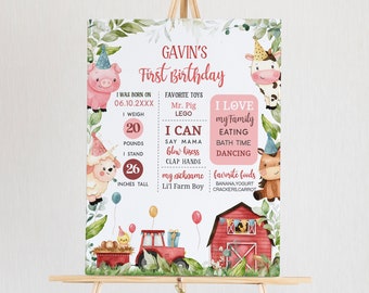 May include: A pink and white first birthday sign with a farm theme. The sign features a tractor, a barn, a pig, a cow, a sheep, and a chick. The sign also includes the child's name, Gavin, and details about their first year, including their birthdate, weight, height, favorite foods, and favorite toys.