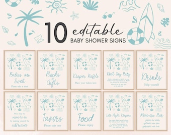 Editable Blue Baby on Board Baby Shower Table Sign, Boy Beach Summer Baby Shower Bundle Sign, Beach Surfing Baby Shower Diaper Raffle, 01050