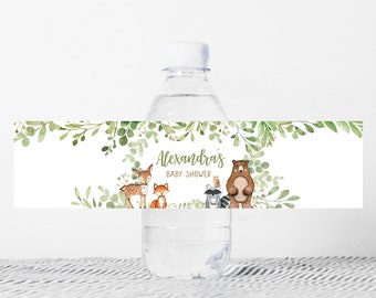 Redigerbar flasketikett för babyshower i skogsmark, vattenetikett för babyshower med grönska och skogsdjur, mall för klistermärken med skogsdjur 0400