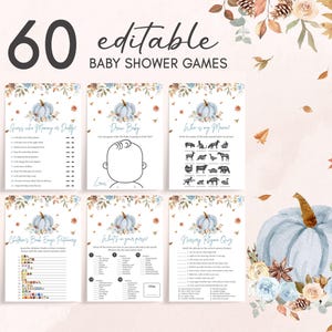 Editable Blue A Little Pumpkin Baby Shower Games Bundle, Boy Pumpkin Baby Shower Game Pack, Autumn Leaves Floral Fall Baby Shower Game 01119