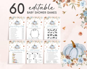 Redigerbart blått litet pumpa babyshower-spelpaket, pumpa babyshower-spelpaket för pojkar, höstlöv och blommor för höstbabyshower 01119