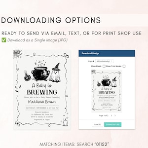 The image is a Halloween-themed baby shower invitation featuring a baby in a witch's hat and a cauldron.