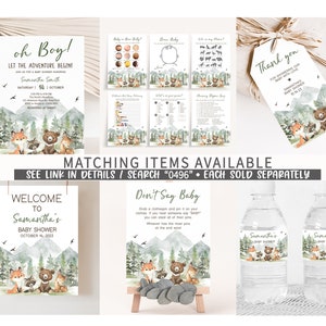 May include: A set of printable baby shower decorations with a woodland theme. The decorations feature a fox, raccoon, and bear with a watercolor background. The text on the decorations says "Oh Boy! Let the Adventure Begin!" and "Welcome to Samantha's Baby Shower".