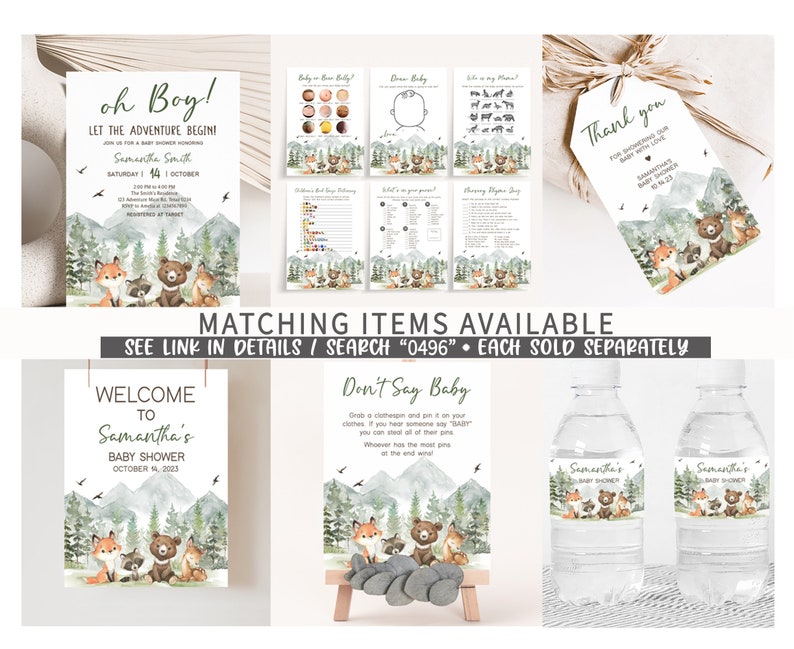 May include: A set of printable baby shower decorations with a woodland theme. The decorations feature a fox, raccoon, and bear with a watercolor background. The text on the decorations says "Oh Boy! Let the Adventure Begin!" and "Welcome to Samantha's Baby Shower".
