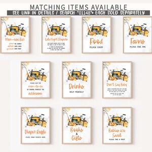 a collection of nine framed items, each with a different design and text, arranged in a grid. The items include a poster with a pumpkin, a poster with a truck, a poster with a book, a poster with a baby, a poster with a drink, a poster with a book, a poster with a gift, and a poster with a diaper rattle. The text on the posters varies, but they all seem to be related to baby-related items or activities.