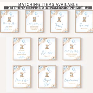May include: Nine printable signs for a baby shower with a teddy bear theme. The signs are decorated with blue and brown colors and feature a teddy bear holding a blue balloon. The signs include titles such as "Mimosas Bar", "Let's Night Diapers", "Food", "Favors", "Drinks", "Don't Say Baby", "Diaper Raffle", "Books & Gifts", and "Babies are Sweet".